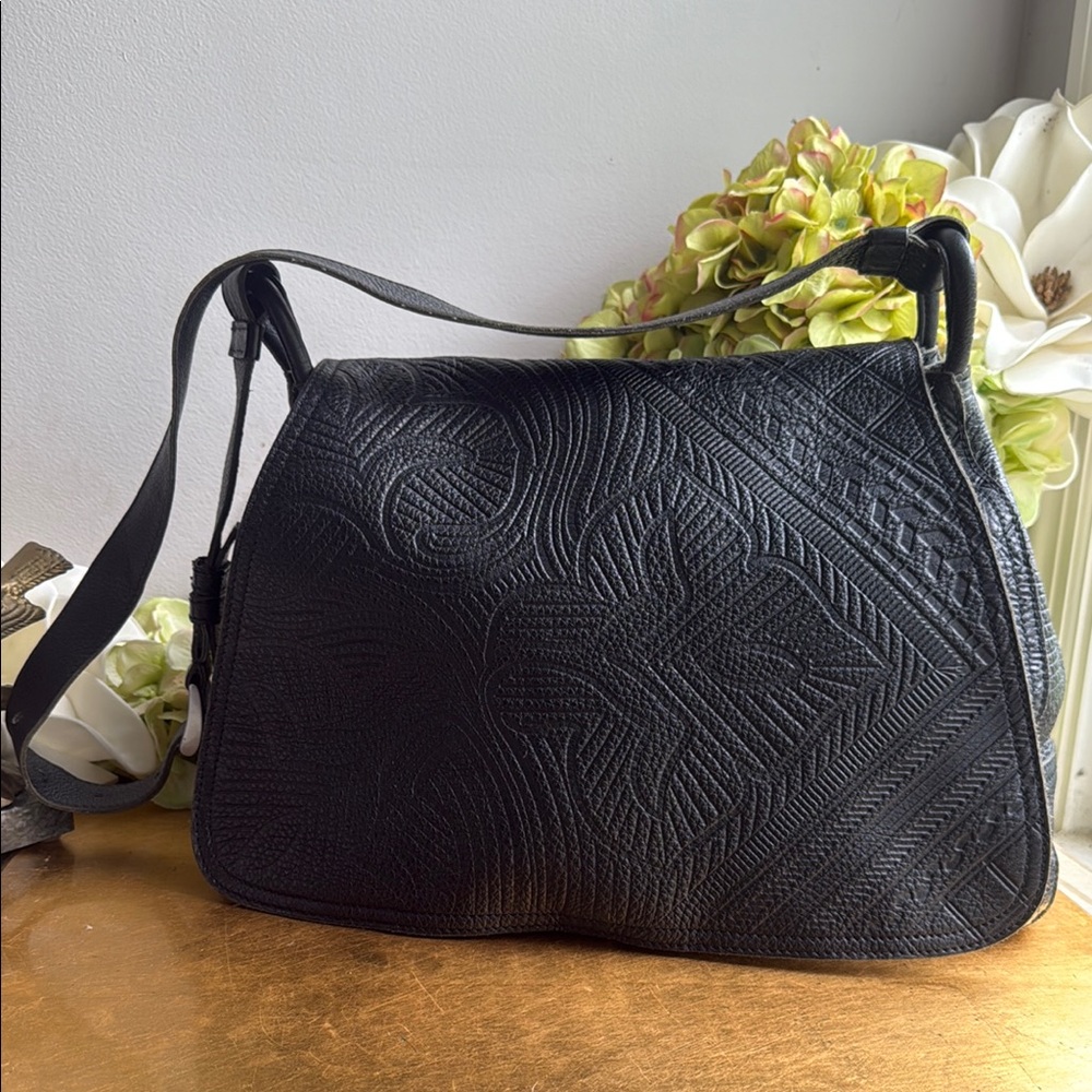 ULTRA RARE! Prada Triangle Logo Shoulder Messenger Bag in Stamped Black Leather